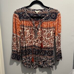 Lucky Brand Bohemian Floral Peasant Top in Rust & Navy